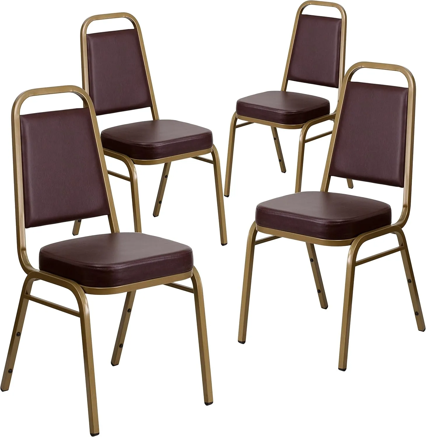 Flash Furniture 4 Pack HERCULES Series Trapezoidal Back Stacking Banquet Chair in Brown Vinyl - Gold Frame