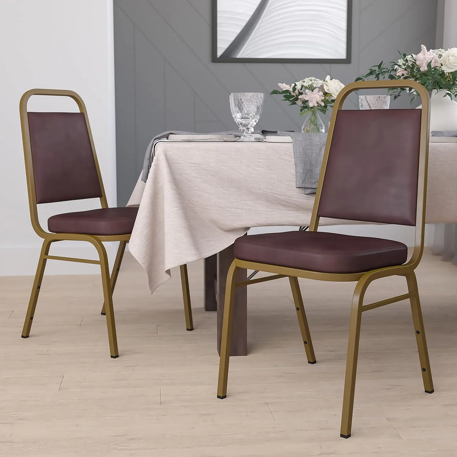 Flash Furniture 4 Pack HERCULES Series Trapezoidal Back Stacking Banquet Chair in Brown Vinyl - Gold Frame
