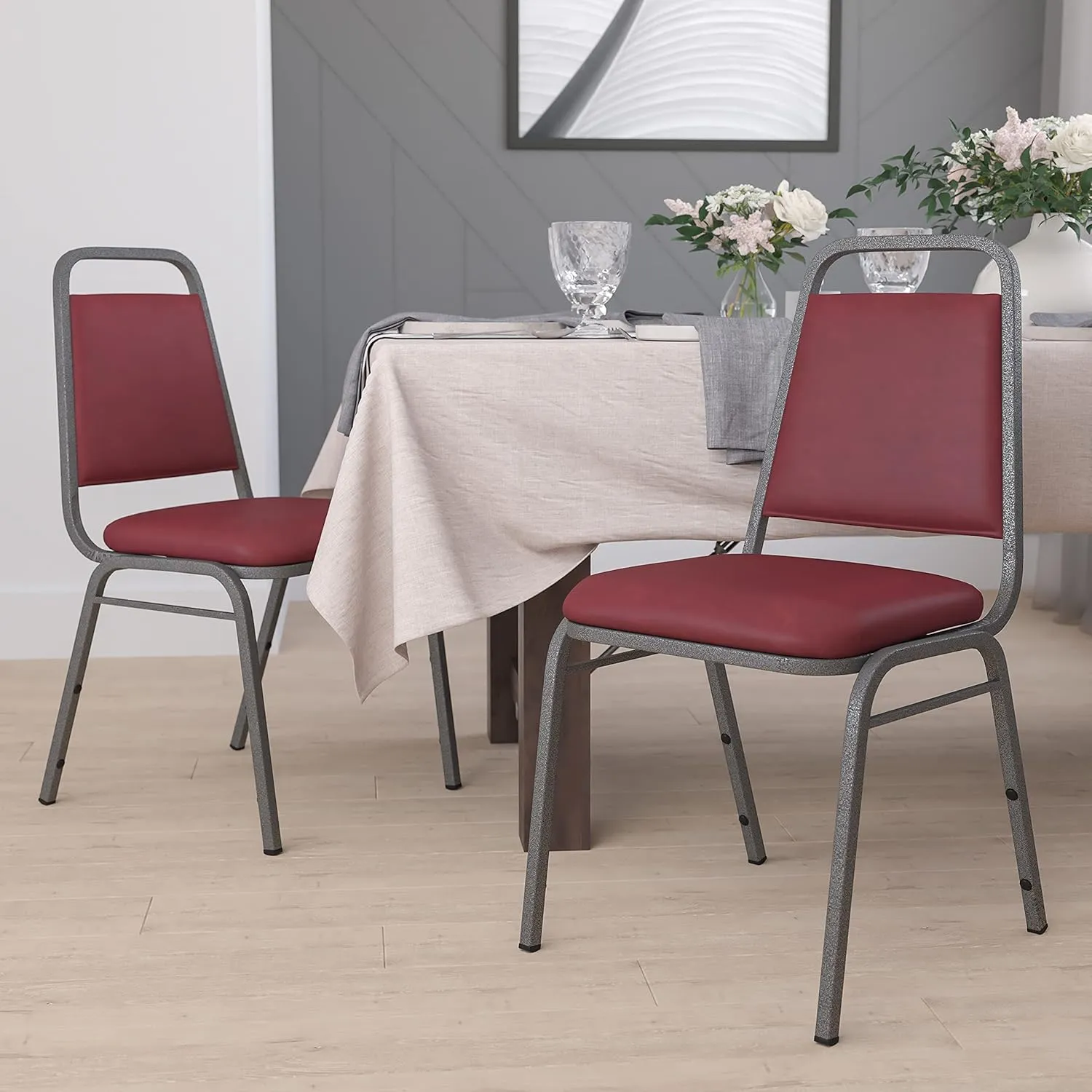 Flash Furniture 4 Pack HERCULES Series Trapezoidal Back Stacking Banquet Chair in Burgundy Vinyl - Silver Vein Frame