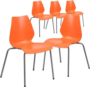 Flash Furniture 5 Pack HERCULES Series 770 lb. Capacity Orange Stack Chair with Lumbar Support and Silver Frame