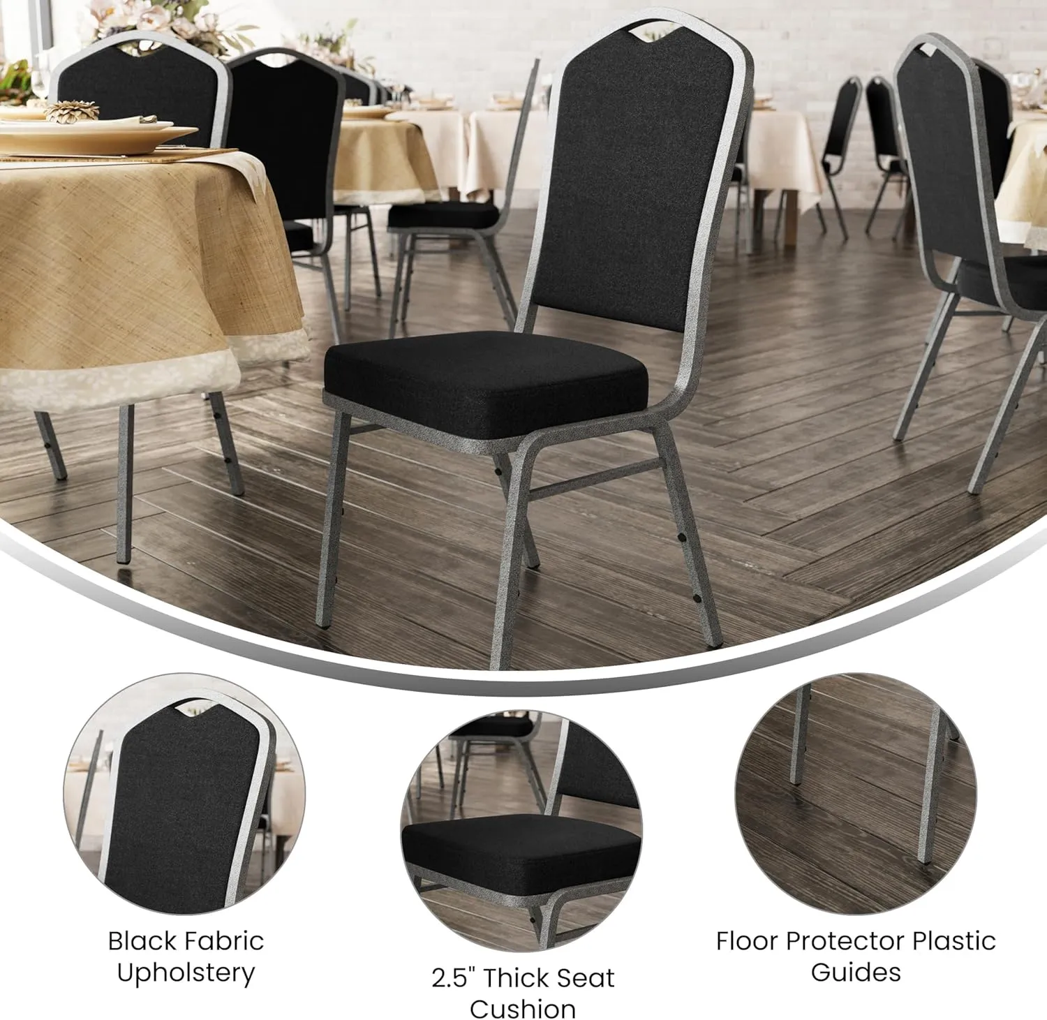 Flash Furniture Hercules Series Crown Back Stacking Banquet Chair in Black Fabric - Silver Vein Frame