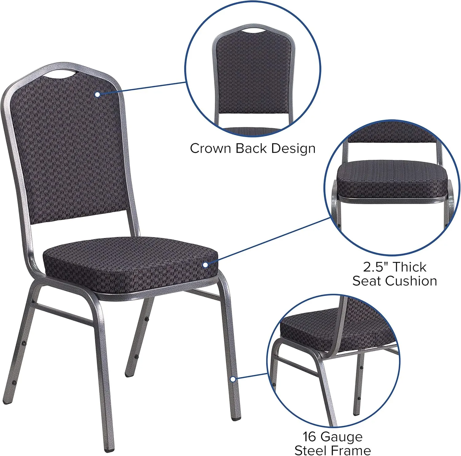 Flash Furniture HERCULES Series Crown Back Stacking Banquet Chair in Black Patterned Fabric - Silver Vein Frame