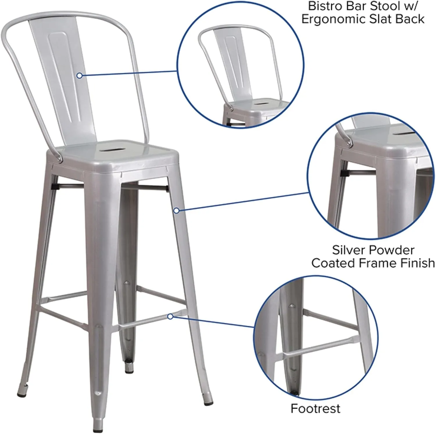 Flash Furniture Lily Commercial Grade 4 Pack 30" High Silver Metal Indoor-Outdoor Barstool with Removable Back