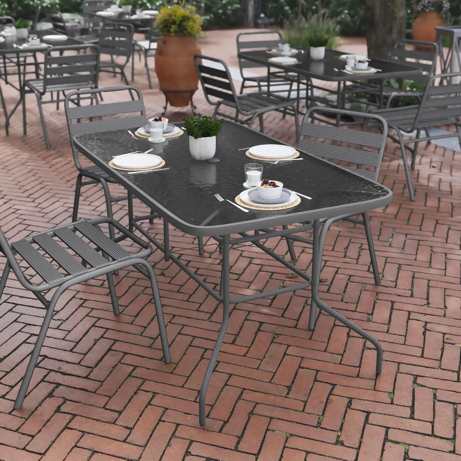 Flash Furniture Tory 31.5" x 55" Rectangular Tempered Glass Metal Table with Umbrella Hole, Silver