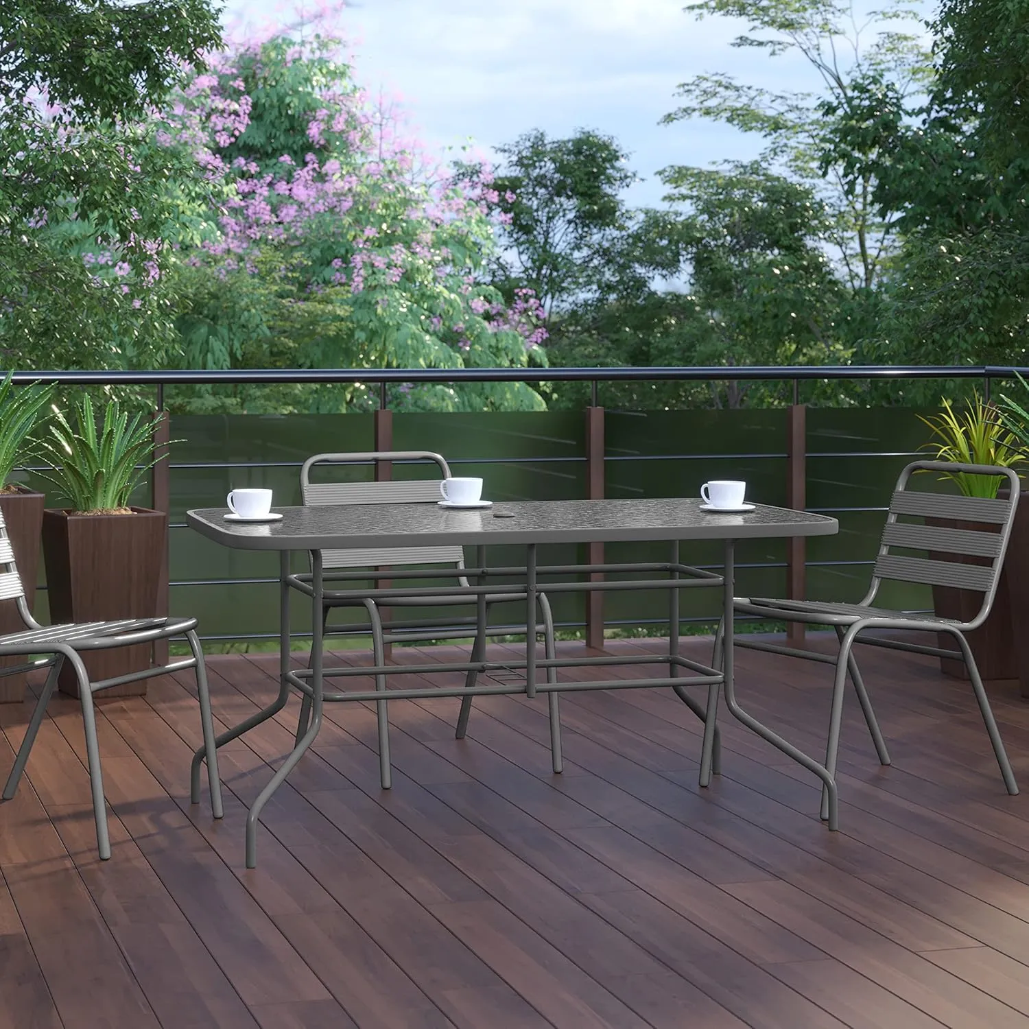 Flash Furniture Tory 31.5" x 55" Rectangular Tempered Glass Metal Table with Umbrella Hole, Silver