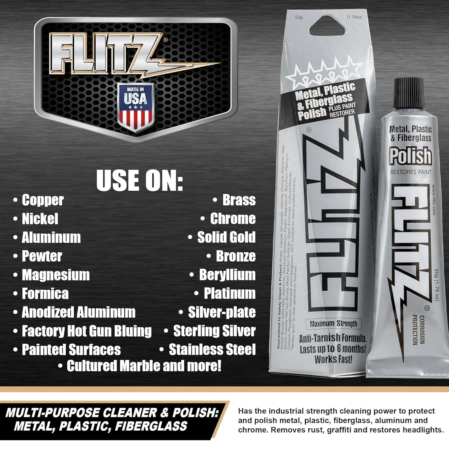 Flitz Metal Polish and Cleaner Paste, Also Works on Plastic, Fiberglass, Aluminum, Jewelry, Sterling Silver - Headlight Restoration and Rust Remover - Made in the USA - 1.76 OZ