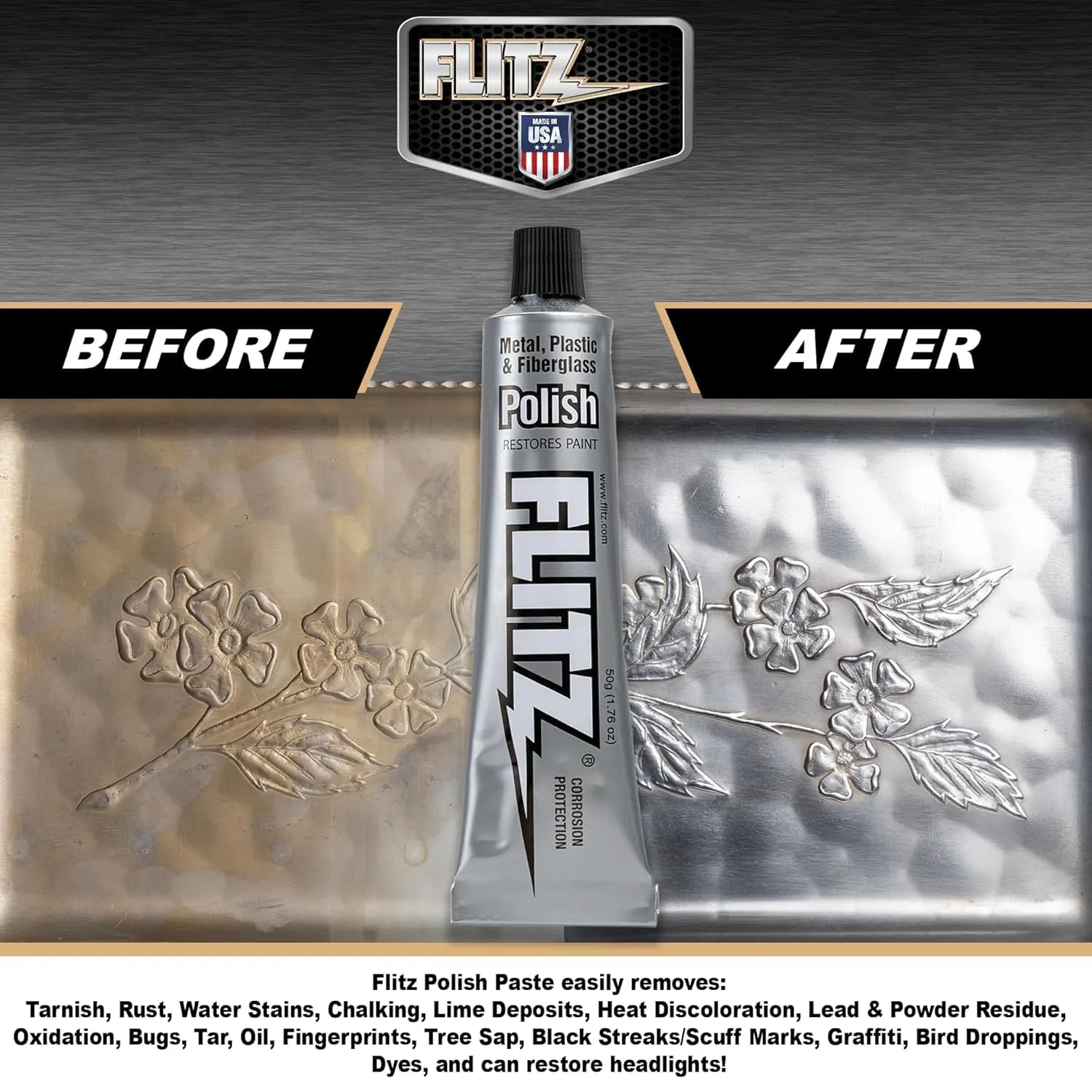 Flitz Metal Polish and Cleaner Paste, Also Works on Plastic, Fiberglass, Aluminum, Jewelry, Sterling Silver - Headlight Restoration and Rust Remover - Made in the USA - 1.76 OZ