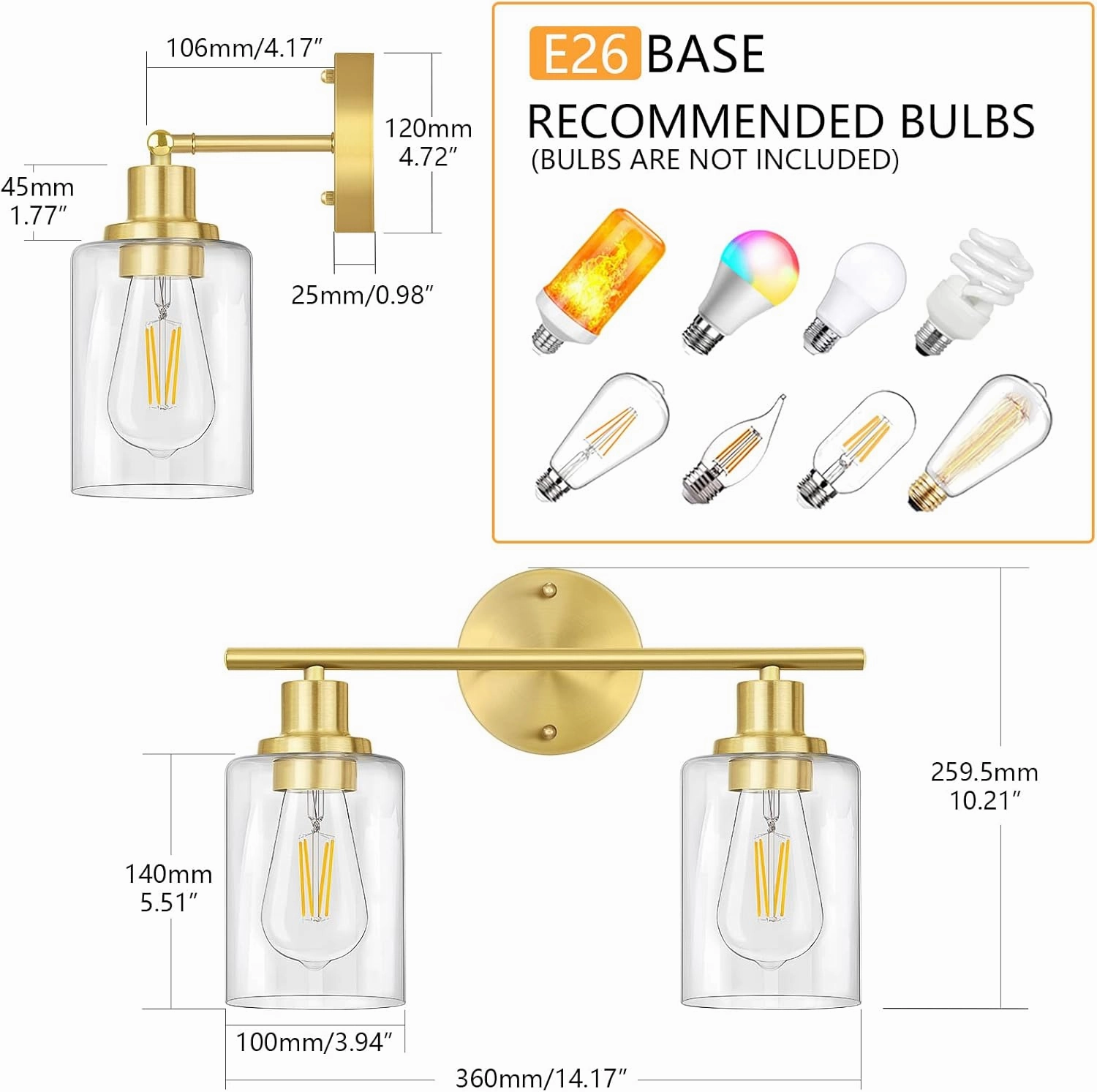 FOLKSMATE Bathroom Light Fixtures, 2-Light Brushed Brass Vanity Light, Gold Wall Sconces Lighting, Modern Bath Wall Mounted Lighting with Glass Shade, Porch Lamp for Mirror, Bedroom, Hallway