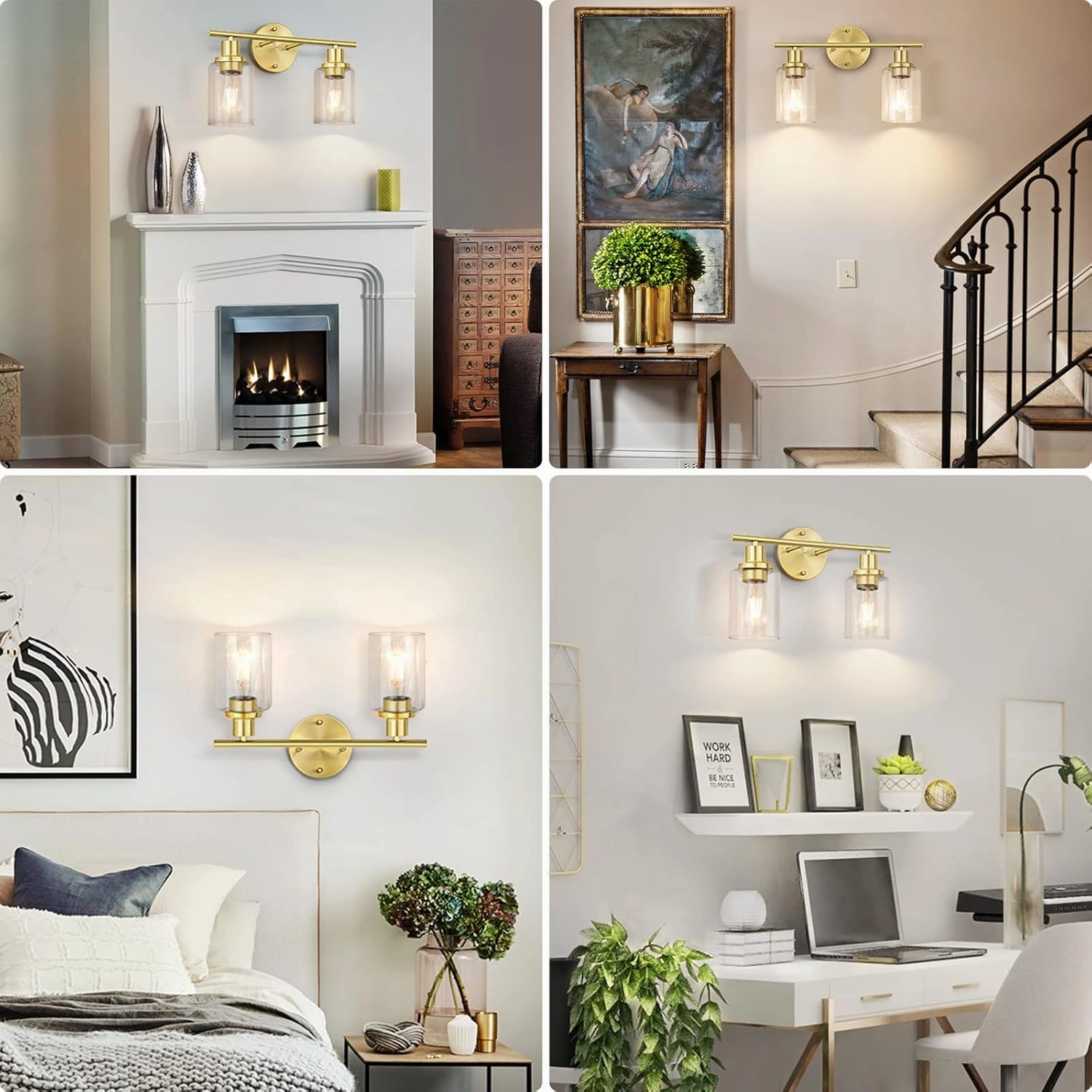 FOLKSMATE Bathroom Light Fixtures, 2-Light Brushed Brass Vanity Light, Gold Wall Sconces Lighting, Modern Bath Wall Mounted Lighting with Glass Shade, Porch Lamp for Mirror, Bedroom, Hallway