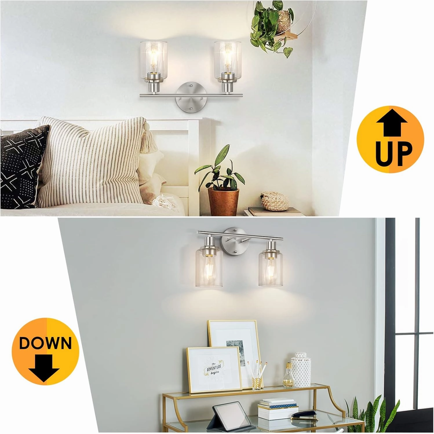 FOLKSMATE Bathroom Light Fixtures, 2-Light Brushed Nickel Vanity Light, Silver Wall Sconce Lighting, Modern Bath Wall Mounted Lighting with Glass Shade, Porch Lamp for Living Room, Bedroom, Hallway