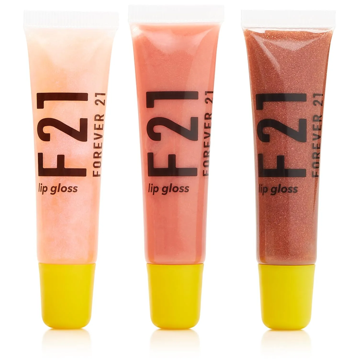 Forever 21 - F21 - Beauty Lip Gloss Set, Pack of 3 Tubes, Clear and Tinted Shades, Hydrating, Plumping, Non-Sticky Formula for Glossy Shine, Rose Gold/Posy/Copper