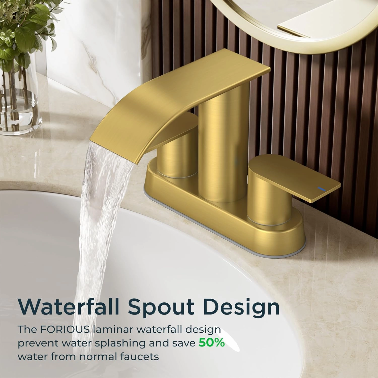 FORIOUS Brushed Gold Bathroom Sink Faucet, Waterfall 4 Inch Centerset Bathroom Faucets with Metal Pop up Drain and cUPC Hose for Basin,Vanity, Rv, Lavatory 2 or 3 Hole Sink