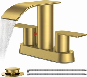 FORIOUS Brushed Gold Bathroom Sink Faucet, Waterfall 4 Inch Centerset Bathroom Faucets with Metal Pop up Drain and cUPC Hose for Basin,Vanity, Rv, Lavatory 2 or 3 Hole Sink
