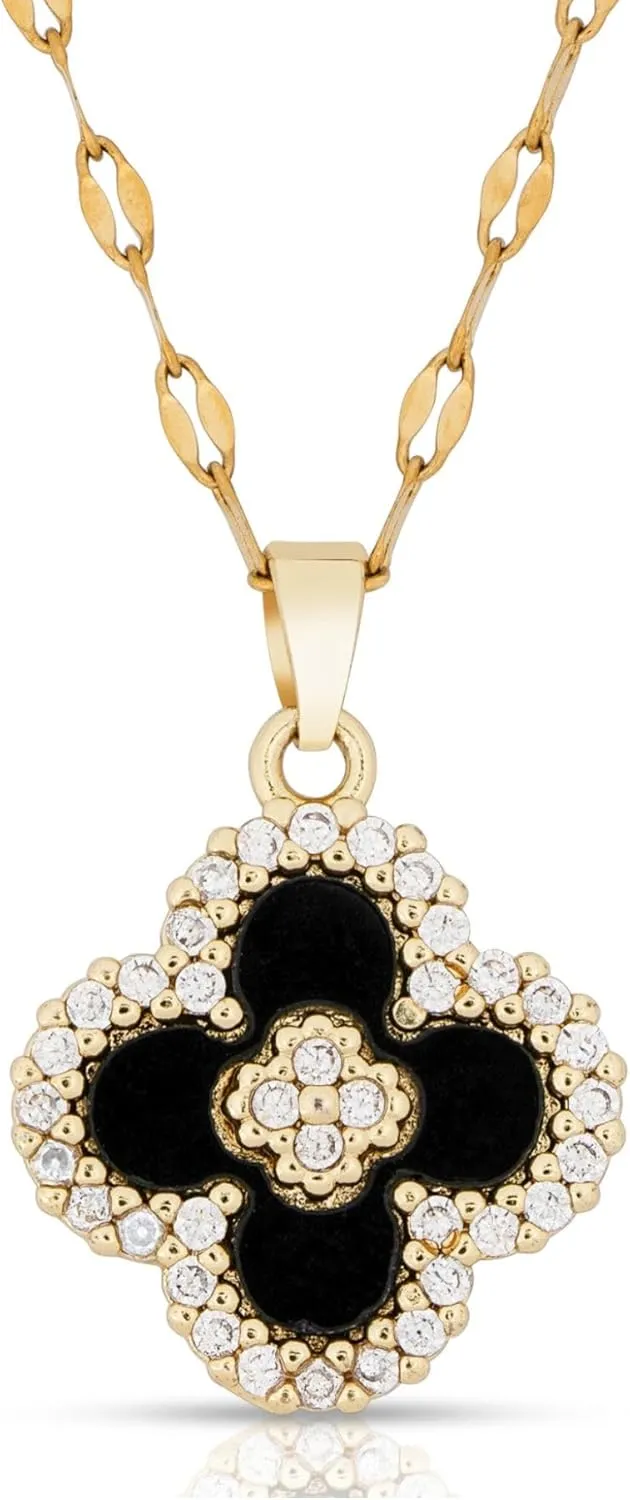 Four Leaf Clover Pendant Necklace for Women 18K Gold Plated with Black Agate & Cubic Zirconia/Dainty Lucky Clover Necklace Perfect for Any Occasion