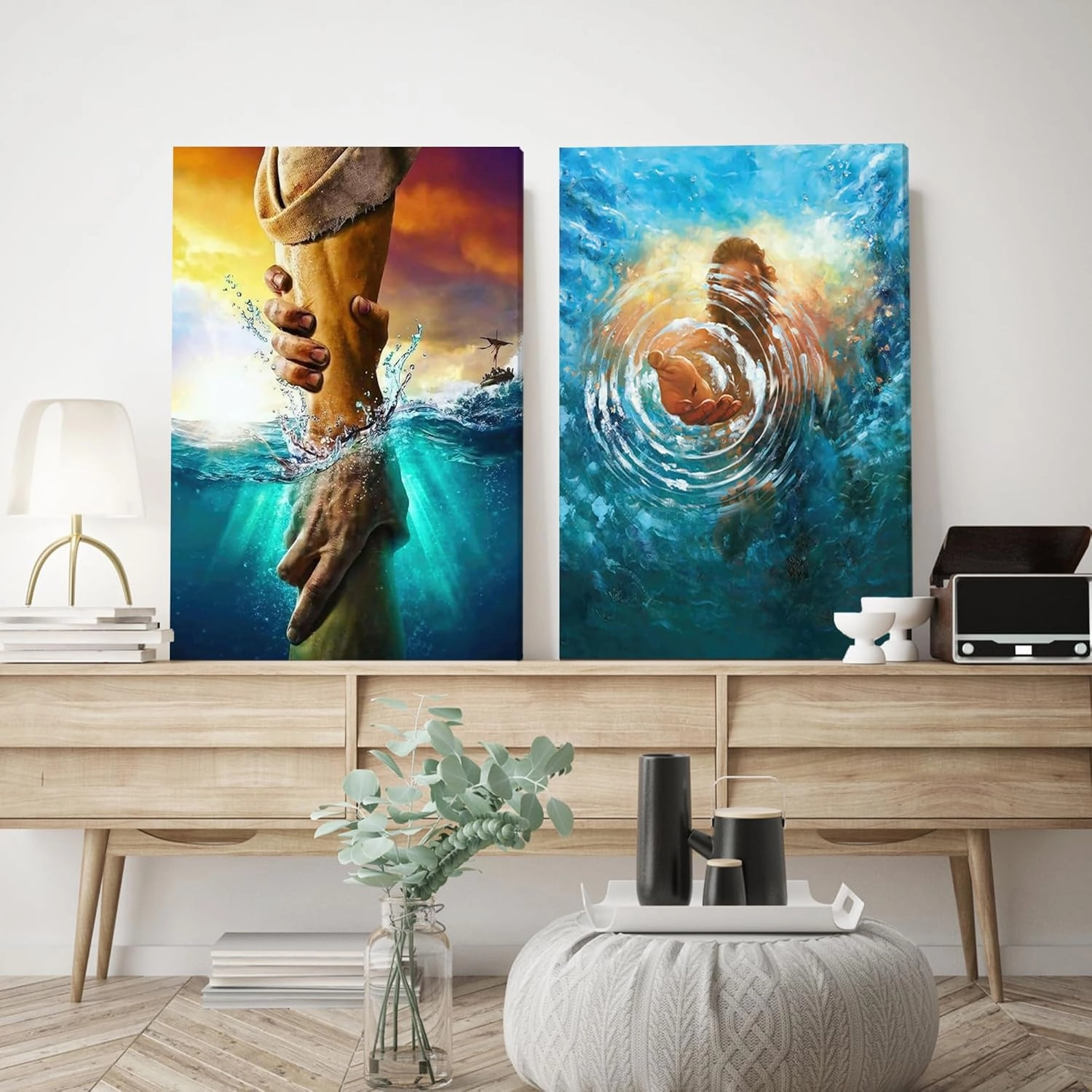 Framed Jesus Christ Canvas Wall Art The Hand of God Jesus Reaching Into Water Christian Painting Prints Biblical Wall Decor Religious Room Decor for Church Prayer Room Schools Hospitals 16" x 24"