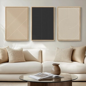 Framed Neutral Boho Abstract Wall Art for Living Room, 3 Piece Modern Minimalist Canvas Painting Prints, Geometric Black and Beige Artwork for Dining Room Bedroom Hallway Office Wall Decor, 16x24 Inch