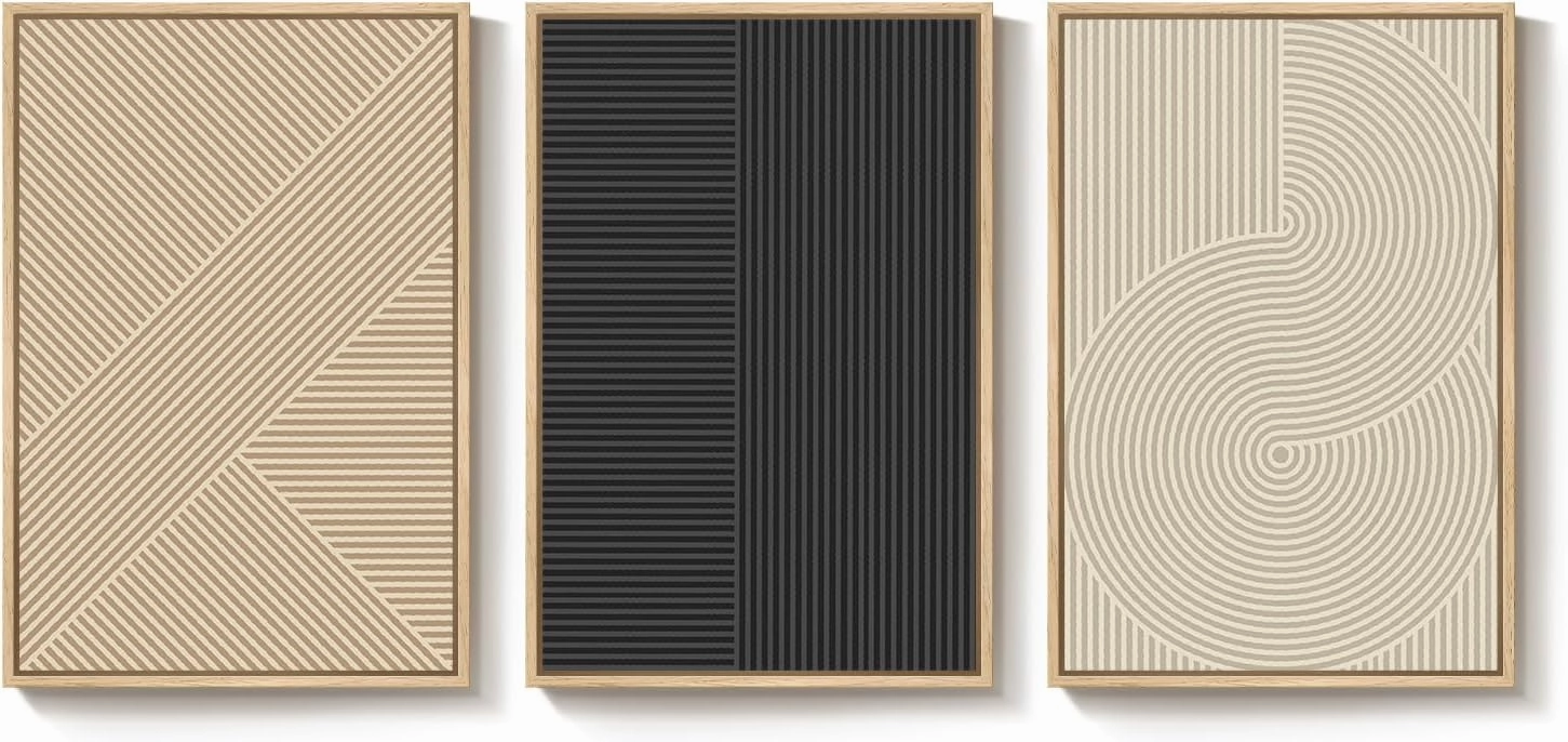 Framed Neutral Boho Abstract Wall Art for Living Room, 3 Piece Modern Minimalist Canvas Painting Prints, Geometric Black and Beige Artwork for Dining Room Bedroom Hallway Office Wall Decor, 16x24 Inch