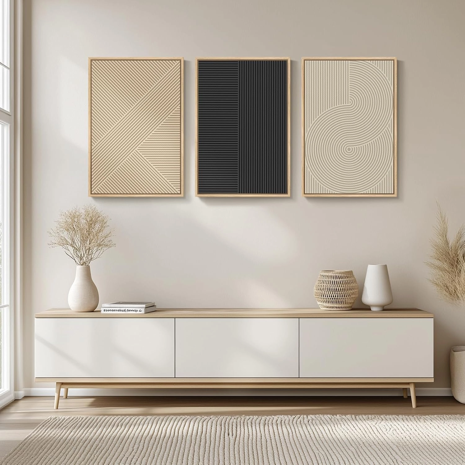 Framed Neutral Boho Abstract Wall Art for Living Room, 3 Piece Modern Minimalist Canvas Painting Prints, Geometric Black and Beige Artwork for Dining Room Bedroom Hallway Office Wall Decor, 16x24 Inch