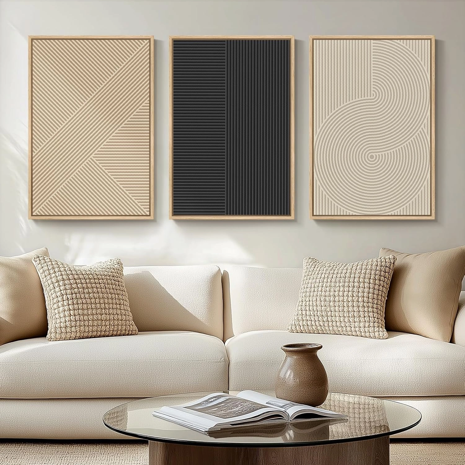 Framed Neutral Boho Abstract Wall Art for Living Room, 3 Piece Modern Minimalist Canvas Painting Prints, Geometric Black and Beige Artwork for Dining Room Bedroom Hallway Office Wall Decor, 16x24 Inch