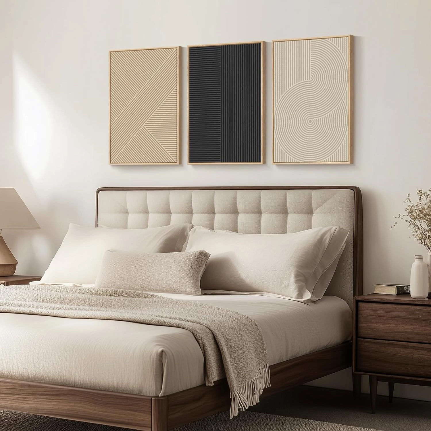 Framed Neutral Boho Abstract Wall Art for Living Room, 3 Piece Modern Minimalist Canvas Painting Prints, Geometric Black and Beige Artwork for Dining Room Bedroom Hallway Office Wall Decor, 16x24 Inch