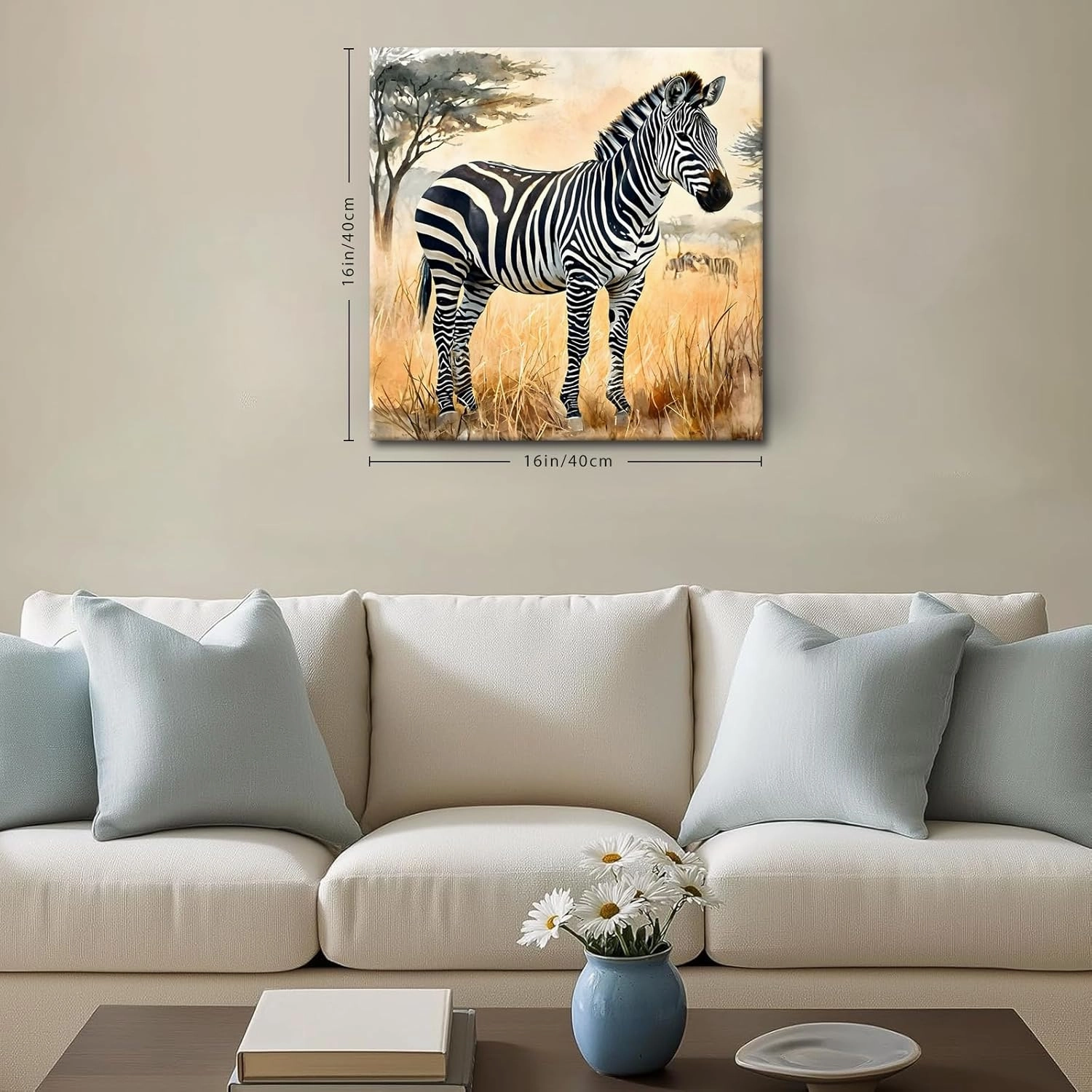 Framed Zebra Wall Art Framed 16x16 Inch Safari Animal Canvas Print of Zebra African Wildlife Wall Decor for Living Room, Bedroom, Office