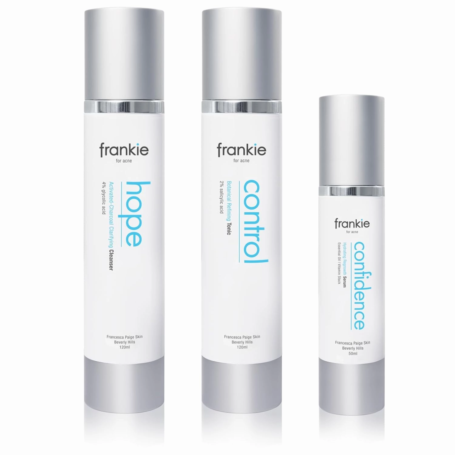 Frankie for Acne 3 Step Skin Care Set - Charcoal Face Wash, Salicylic Acid Exfoliator, Niacinamide Moisturizer - 60 Day Supply
