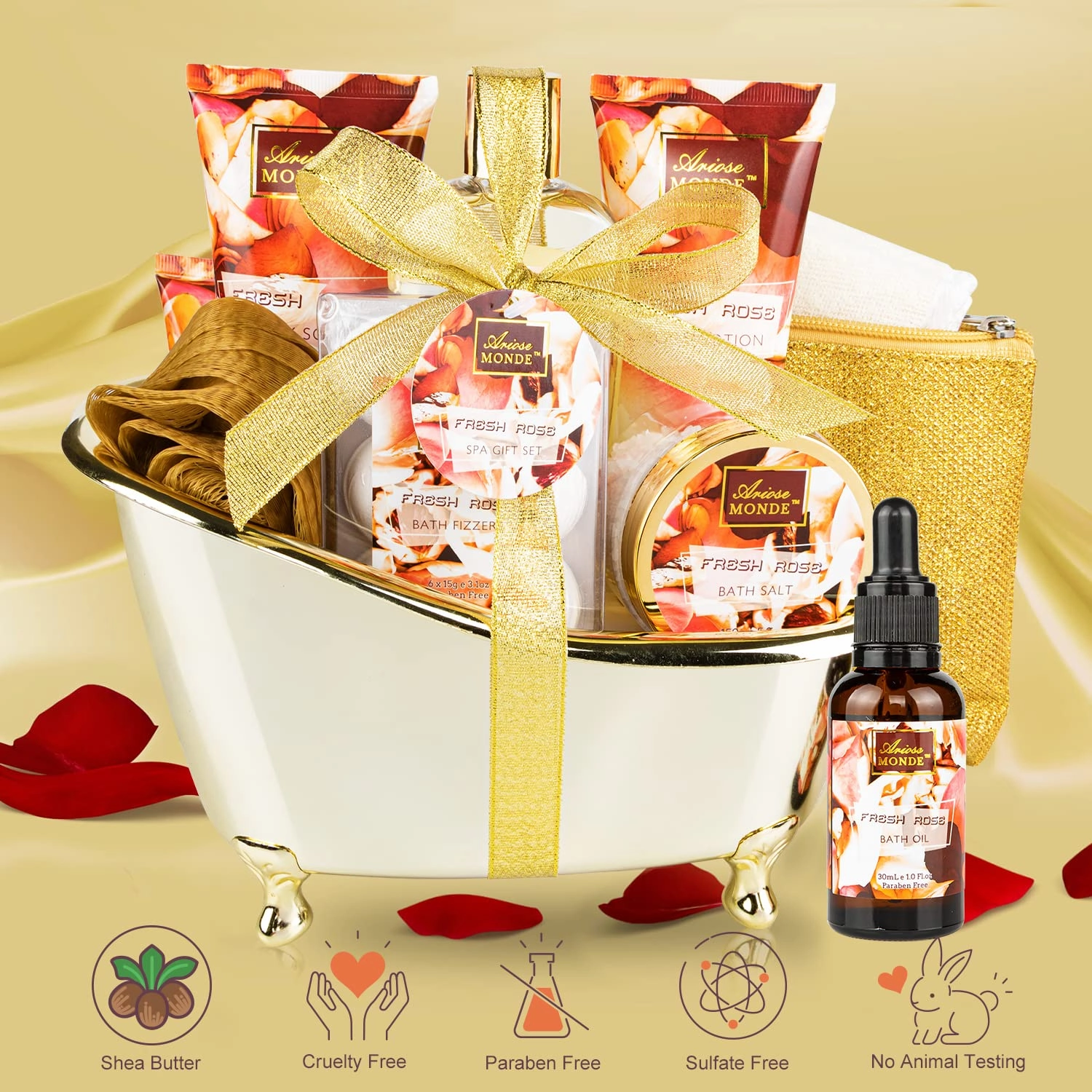 Fresh Rose Scented Spa Gift Set for Him & Her, 10-Piece Collection with Shower Gel, Bubble Bath, Body Lotion, Scrub, Salt, Bombs, Puff, Oil