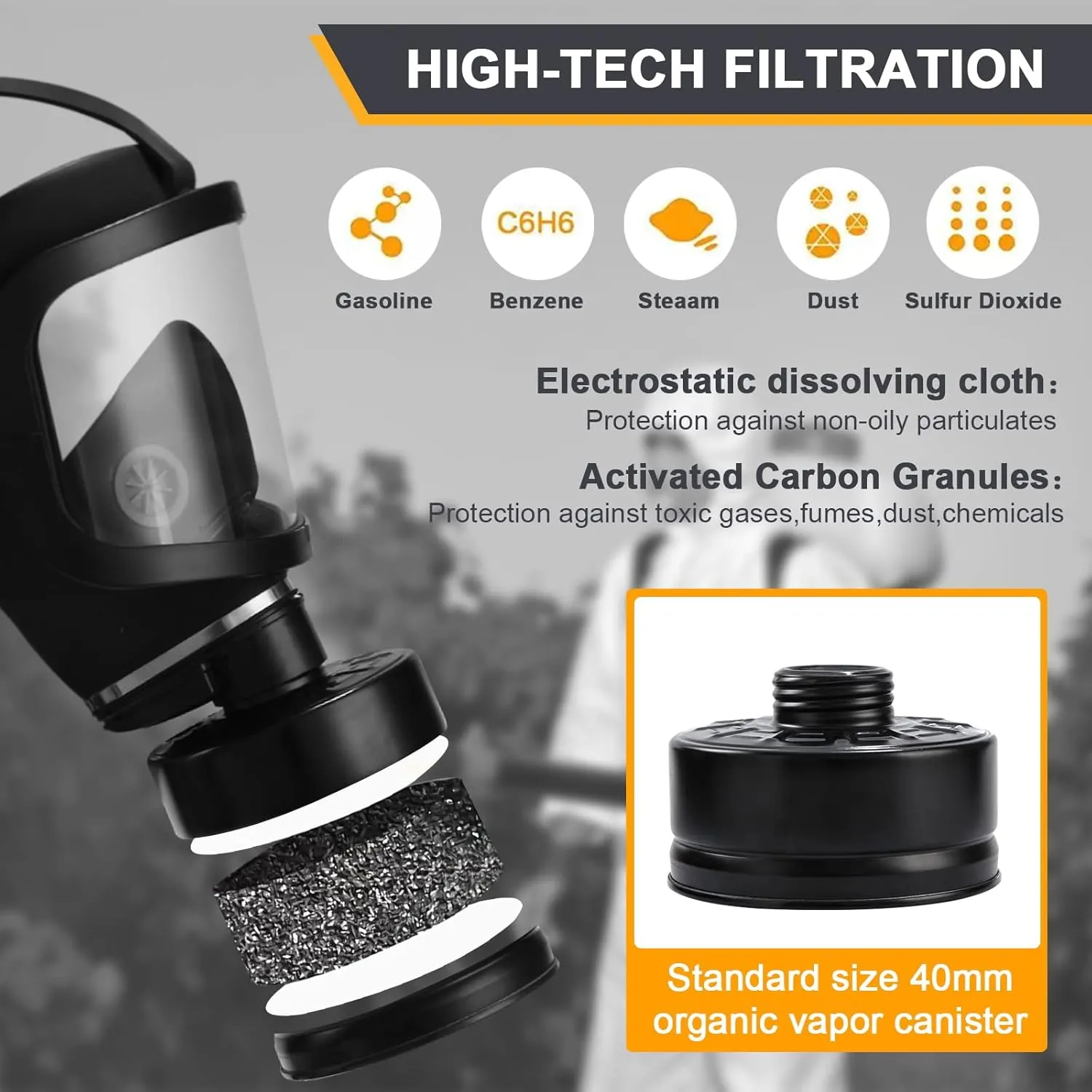 Full Face Respirator Mask with Filters, Anti-Fog Lens Anti-Gas Anti-Dust Gas Mask Against Vapours & Particles, Paint