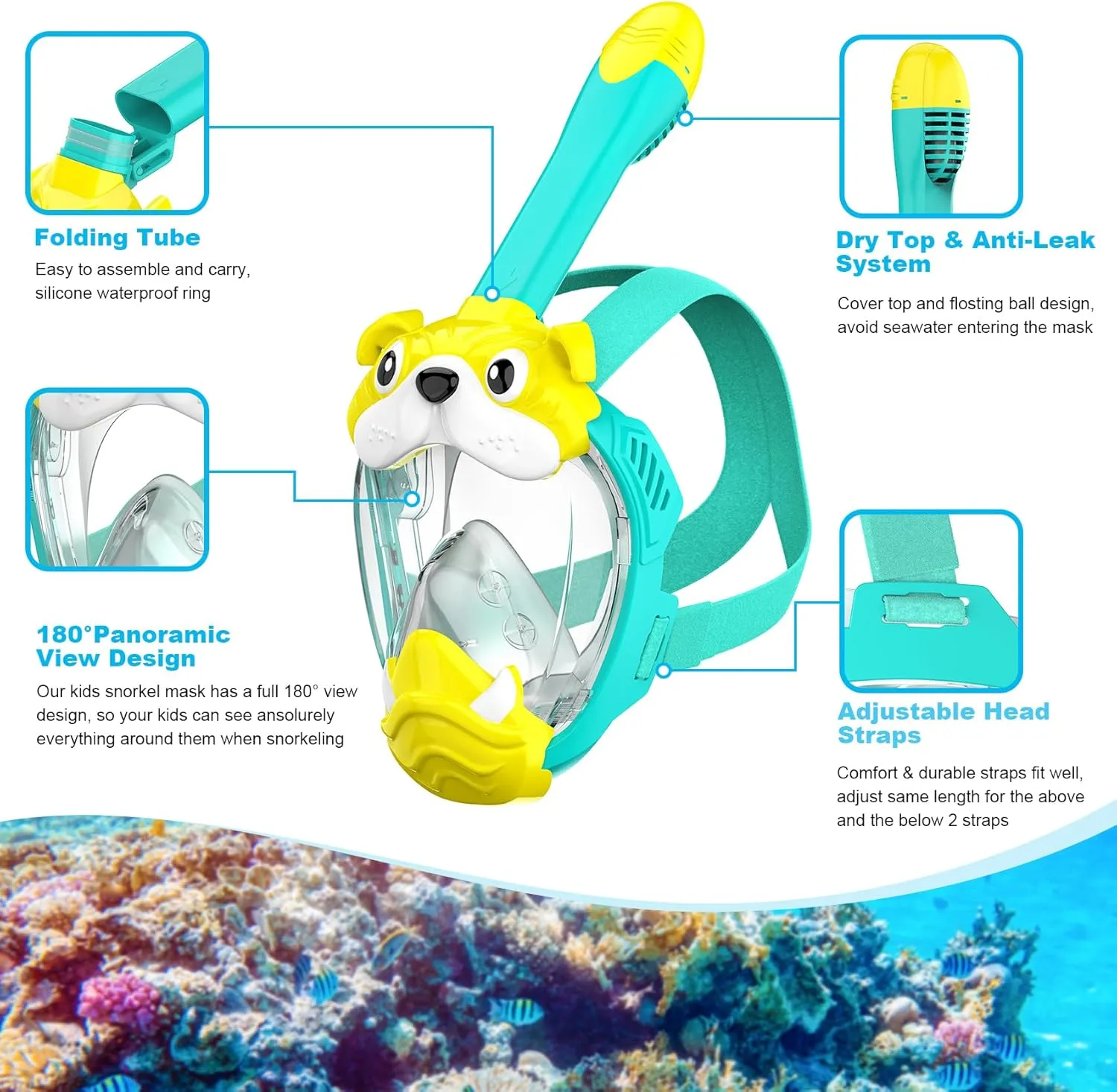 Full Face Snorkel Mask for Kids, Kids Snorkeling Set 180 Degree Panoramic View, Safe Anti-Leak Anti-Fog, Foldable Dry Top Snorkeling Gear for Kids Adult