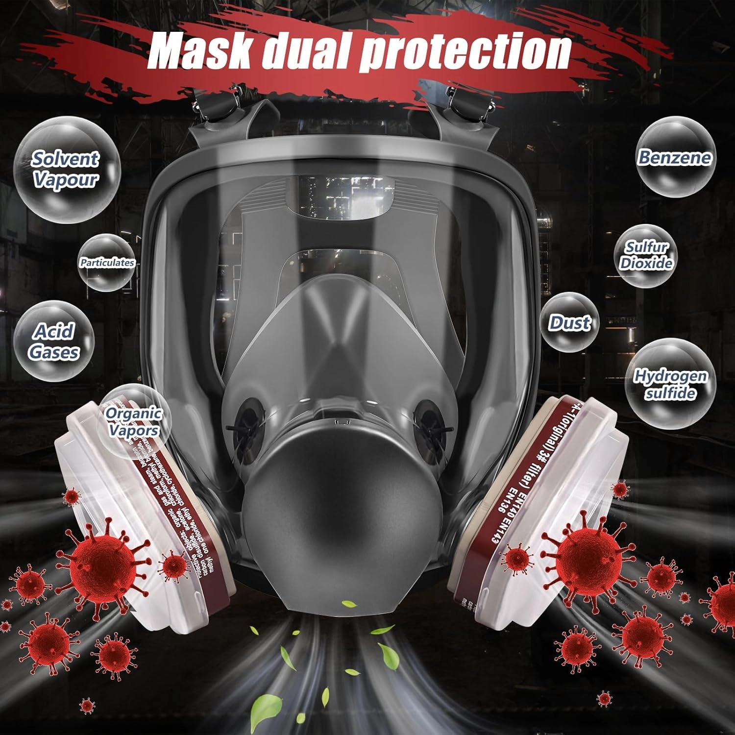 Full Face Respirator Mask - Gas Masks with 6001CN Activated Carbon Air Filters for Painting, Dust, Chemicals