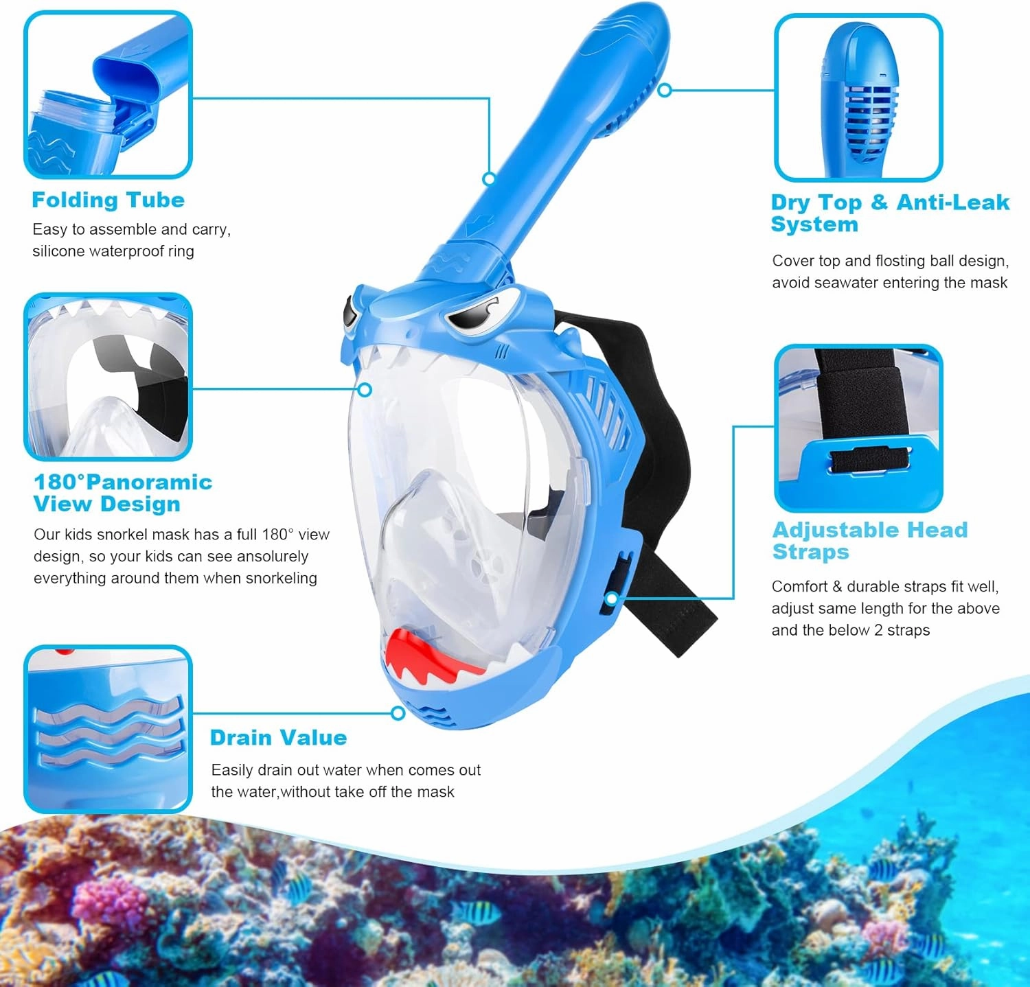 Full Face Snorkel Mask for Kids, Kids Snorkeling Set 180 Degree Panoramic View, Safe Anti-Leak Anti-Fog, Foldable Dry Top Snorkeling Gear for Kids Adult