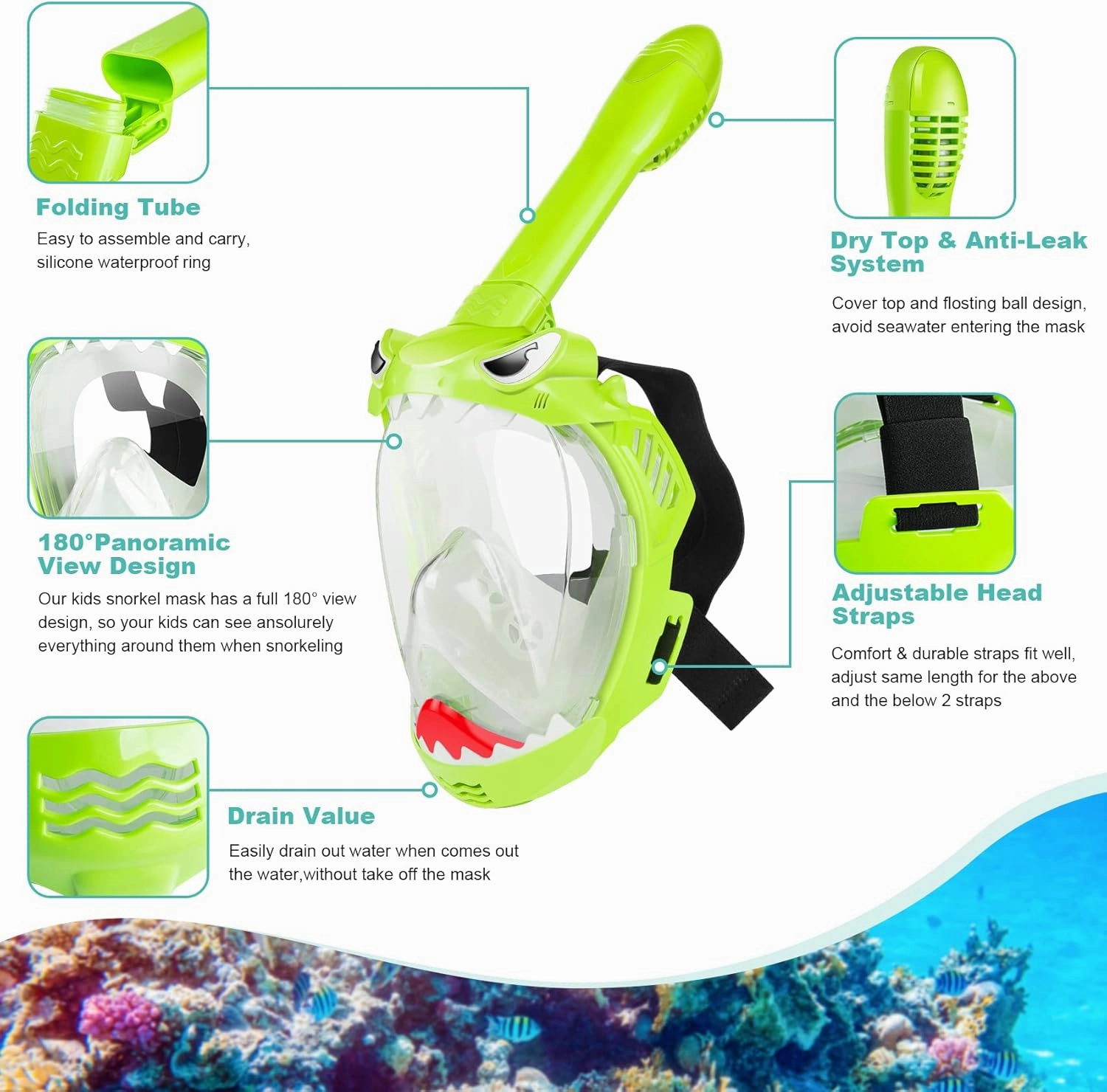 Full Face Snorkel Mask for Kids, Kids Snorkeling Set 180 Degree Panoramic View, Safe Anti-Leak Anti-Fog, Foldable Dry Top Snorkeling Gear for Kids Adult