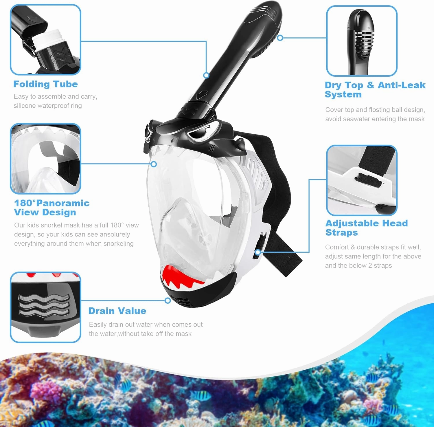 Full Face Snorkel Mask for Kids, Kids Snorkeling Set 180 Degree Panoramic View, Safe Anti-Leak Anti-Fog, Foldable Dry Top Snorkeling Gear for Kids Adult