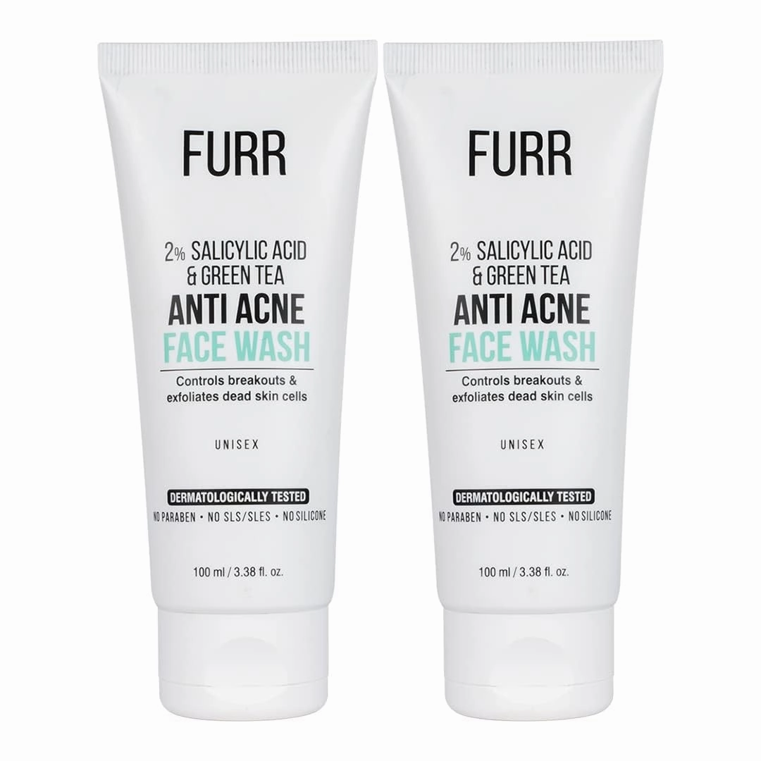 Furr-ry Anti Acne Face Wash 2% Salicylic Acid with Green Tea | Controls Active Acne | Reduces Blemishes | Exfoliates Dead Skin Cells | Face Wash For Men & Women | 100ml
