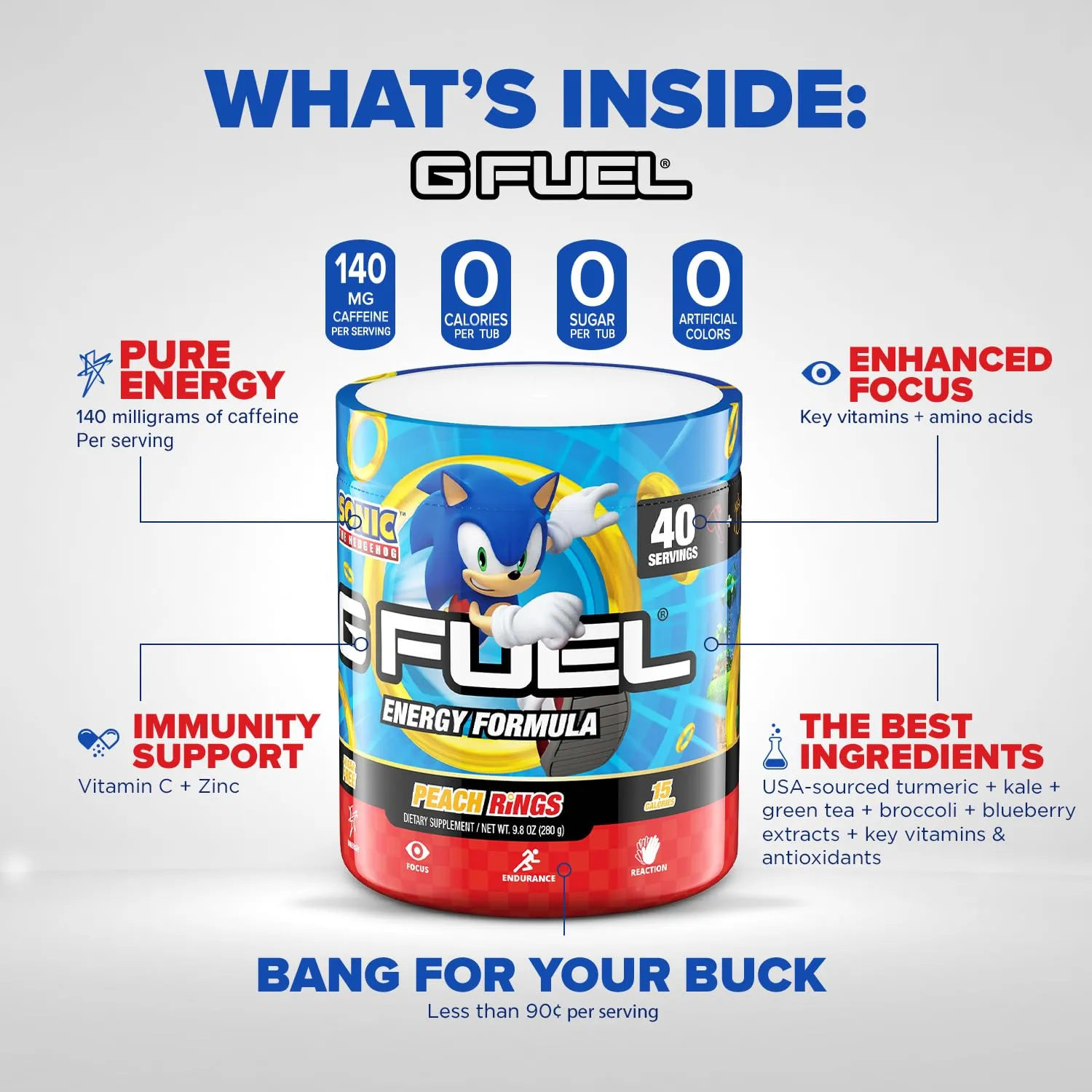 G Fuel Sonic Energy Drink Powder, Pre Workout Caffeine Mix for Gaming, Sugar Free Focus Amino, Vitamin   Antioxidants, 9.8oz (Peach Ring Candy, 40 Servings)