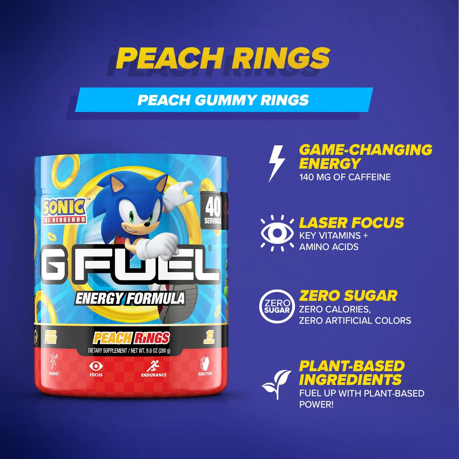 G Fuel Sonic Energy Drink Powder, Pre Workout Caffeine Mix for Gaming, Sugar Free Focus Amino, Vitamin   Antioxidants, 9.8oz (Peach Ring Candy, 40 Servings)