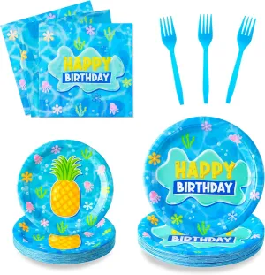 GaofanWai Ocean Pineapple Birthday Tableware - 96PCS Pineapple Party Paper Plate Set for Kids Summer Hawaii Ocean Plates Disposable Dinnerware Paper Napkins Forks for Baby Shower Party Supplies