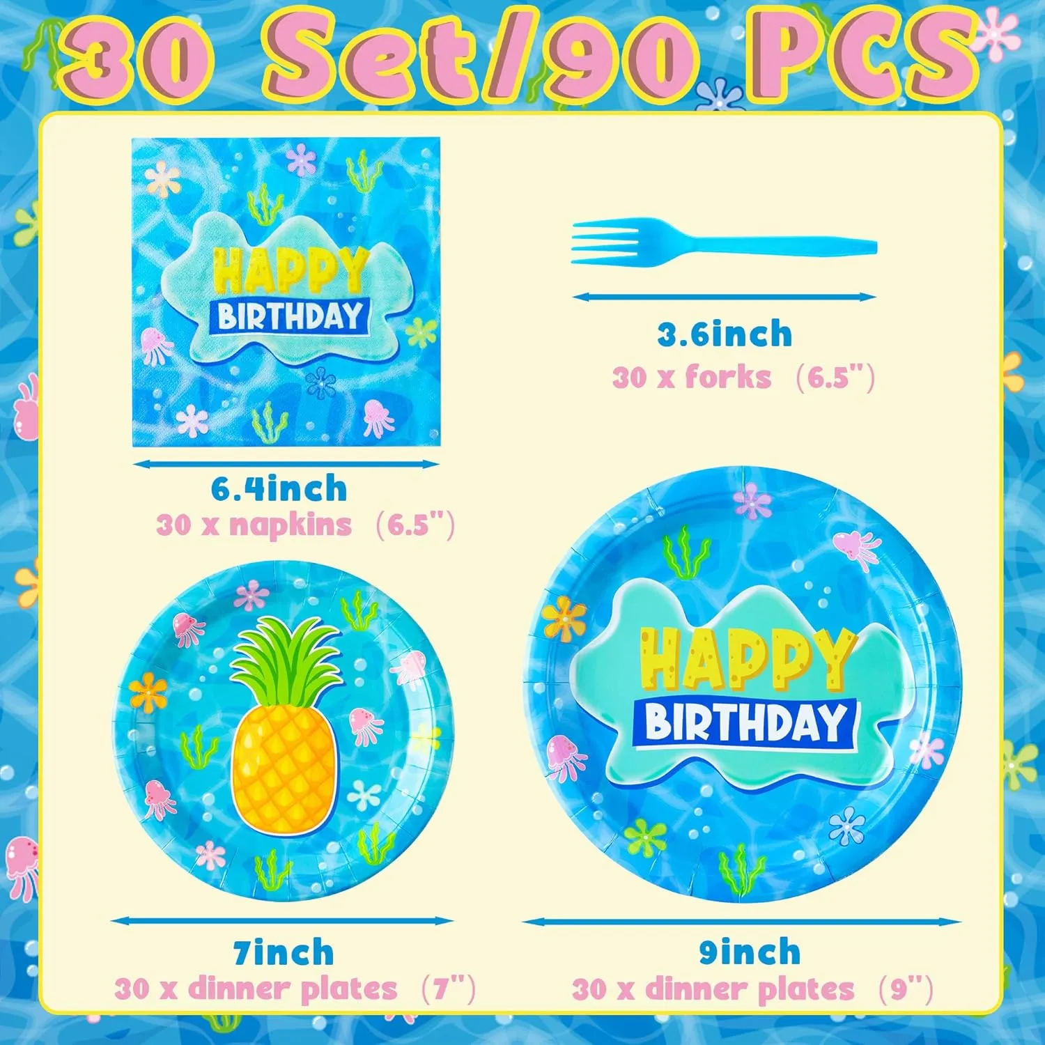 GaofanWai Ocean Pineapple Birthday Tableware - 96PCS Pineapple Party Paper Plate Set for Kids Summer Hawaii Ocean Plates Disposable Dinnerware Paper Napkins Forks for Baby Shower Party Supplies