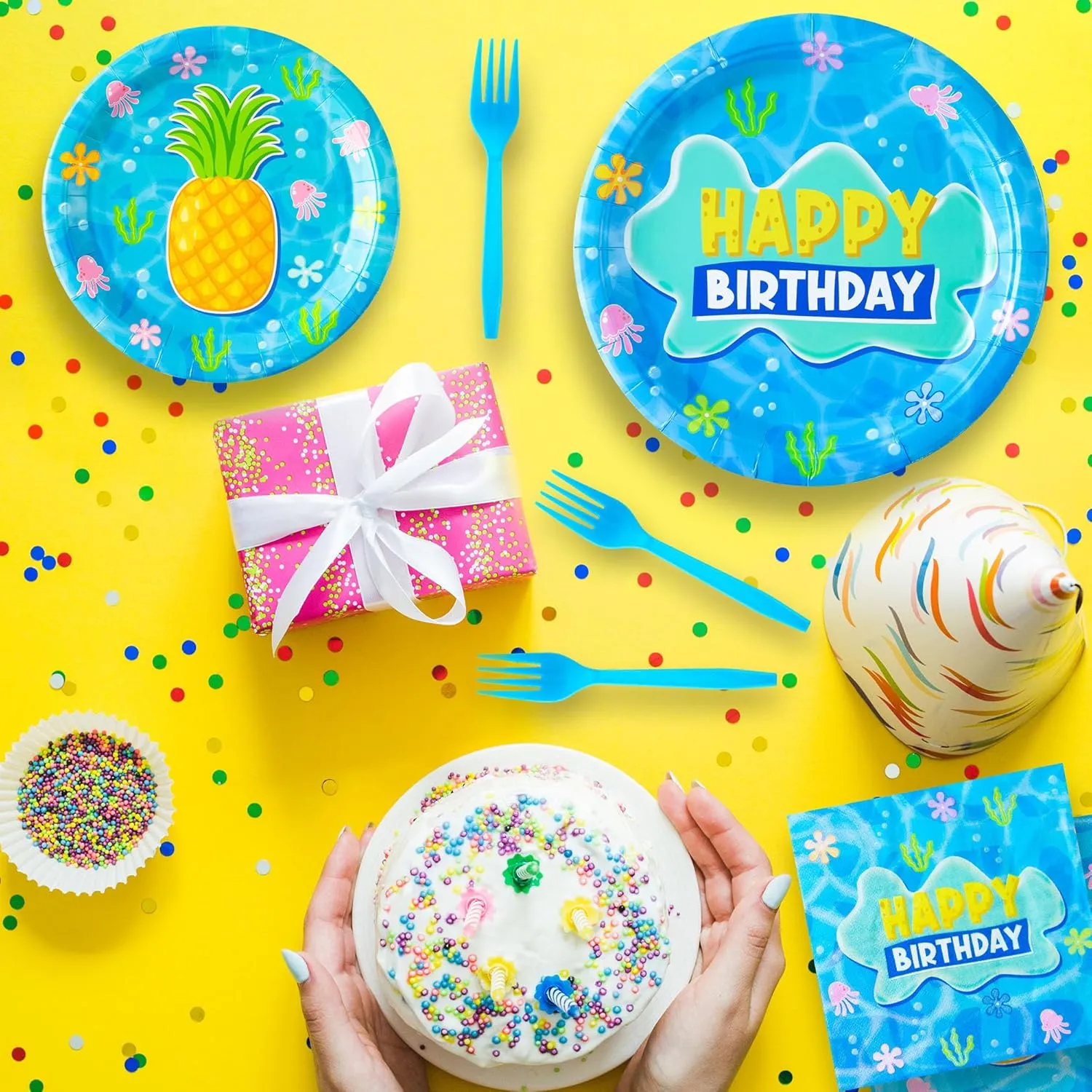 GaofanWai Ocean Pineapple Birthday Tableware - 96PCS Pineapple Party Paper Plate Set for Kids Summer Hawaii Ocean Plates Disposable Dinnerware Paper Napkins Forks for Baby Shower Party Supplies