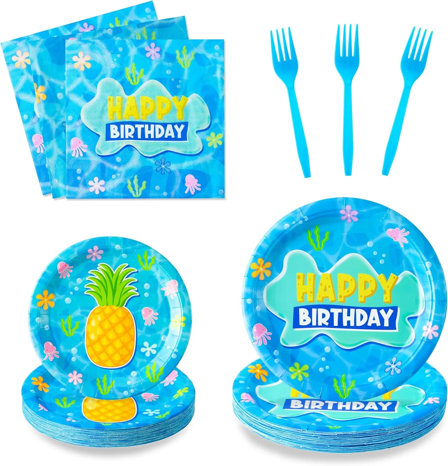 GaofanWai Ocean Pineapple Birthday Tableware - 96PCS Pineapple Party Paper Plate Set for Kids Summer Hawaii Ocean Plates Disposable Dinnerware Paper Napkins Forks for Baby Shower Party Supplies