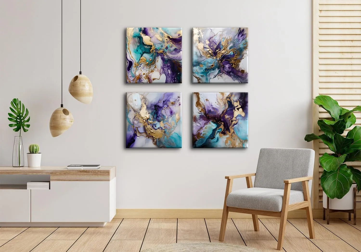 Generic Modern Abstract Purple Wall Art Purple and Blue Decor for Living Room Bedroom Office, Marble Pictures Canvas Gold Foil Ink Prints Painting Artwork Home Decorations 20x20” 4 Panel