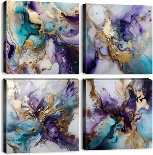 Generic Modern Abstract Purple Wall Art Purple and Blue Decor for Living Room Bedroom Office, Marble Pictures Canvas Gold Foil Ink Prints Painting Artwork Home Decorations 20x20” 4 Panel