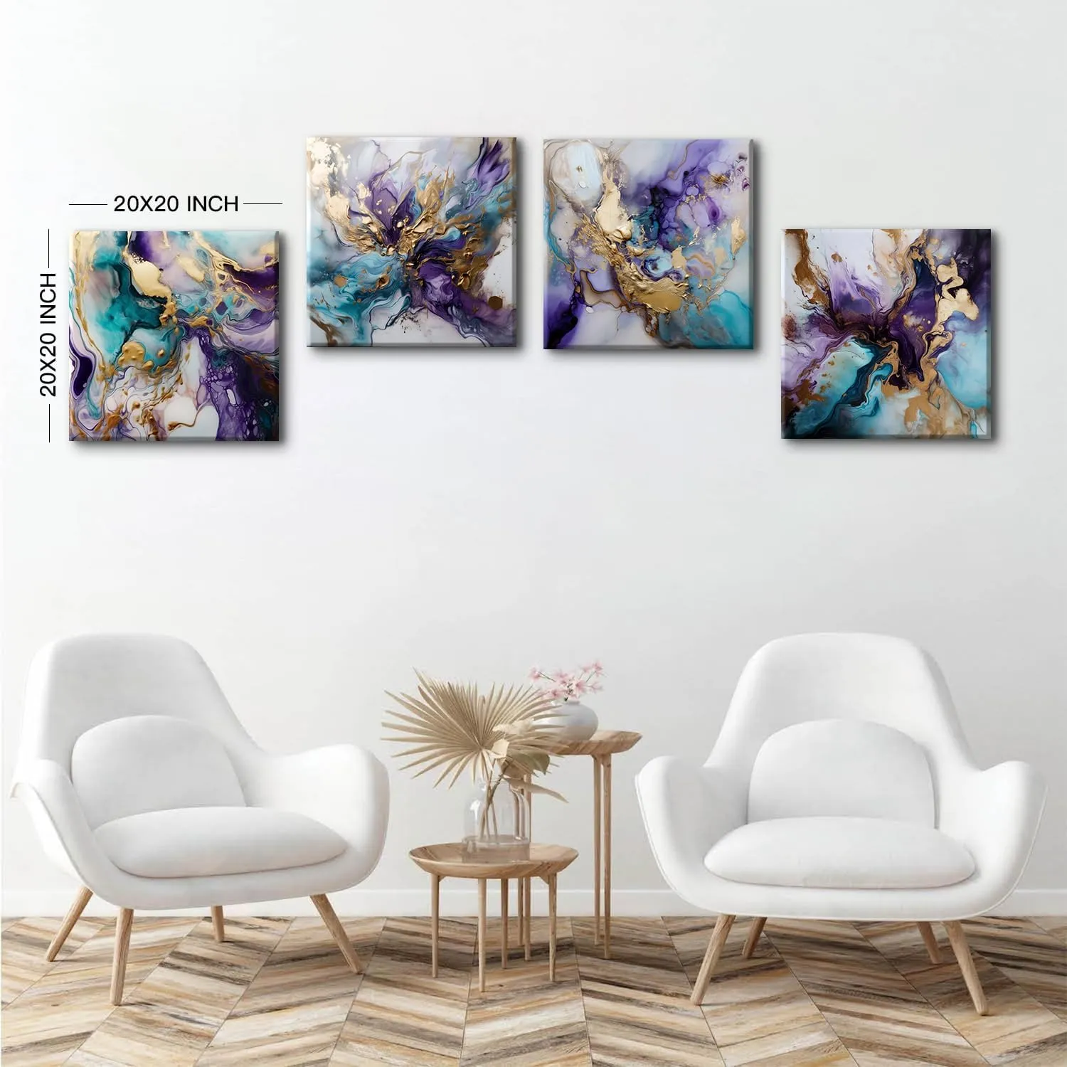 Generic Modern Abstract Purple Wall Art Purple and Blue Decor for Living Room Bedroom Office, Marble Pictures Canvas Gold Foil Ink Prints Painting Artwork Home Decorations 20x20” 4 Panel