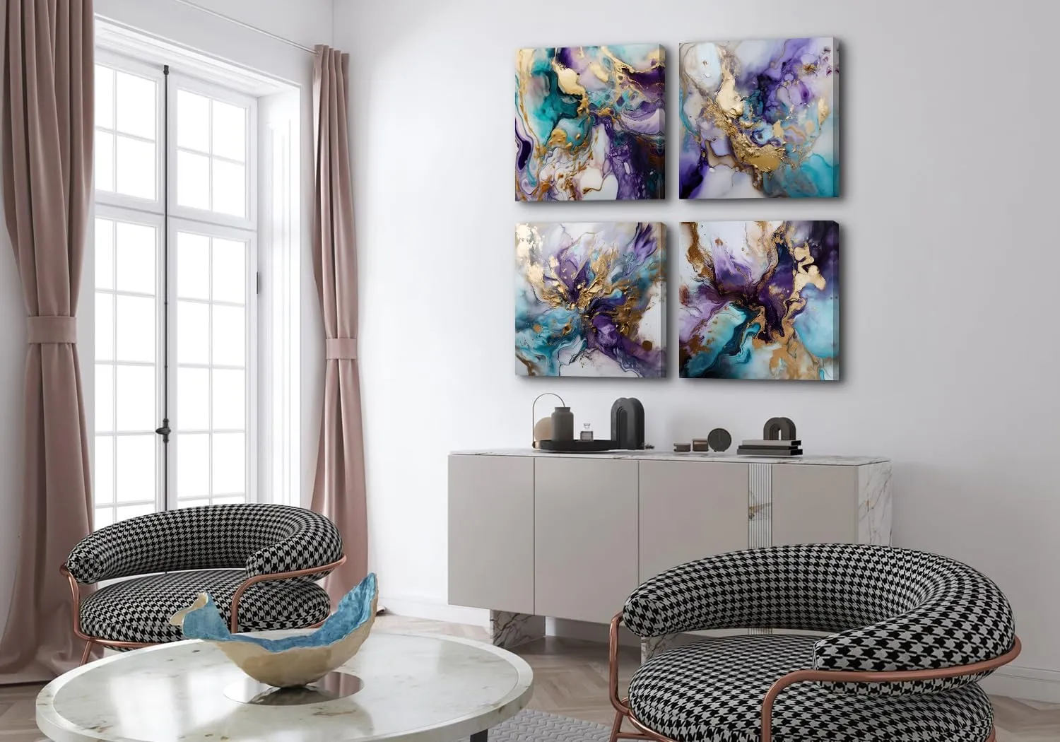 Generic Modern Abstract Purple Wall Art Purple and Blue Decor for Living Room Bedroom Office, Marble Pictures Canvas Gold Foil Ink Prints Painting Artwork Home Decorations 20x20” 4 Panel
