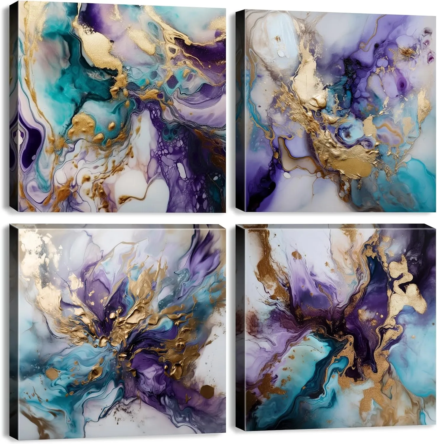 Generic Modern Abstract Purple Wall Art Purple and Blue Decor for Living Room Bedroom Office, Marble Pictures Canvas Gold Foil Ink Prints Painting Artwork Home Decorations 20x20” 4 Panel