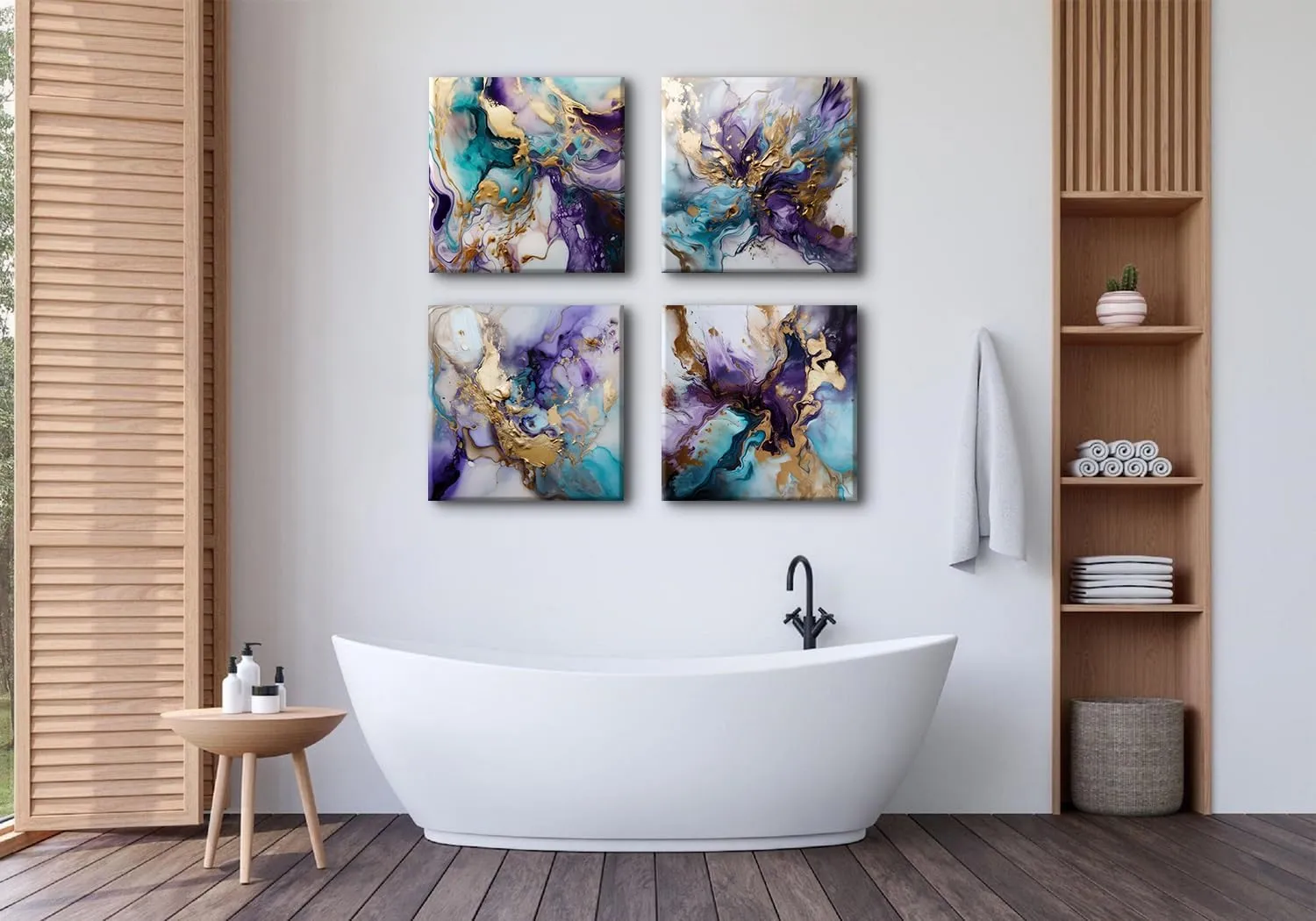 Generic Modern Abstract Purple Wall Art Purple and Blue Decor for Living Room Bedroom Office, Marble Pictures Canvas Gold Foil Ink Prints Painting Artwork Home Decorations 20x20” 4 Panel