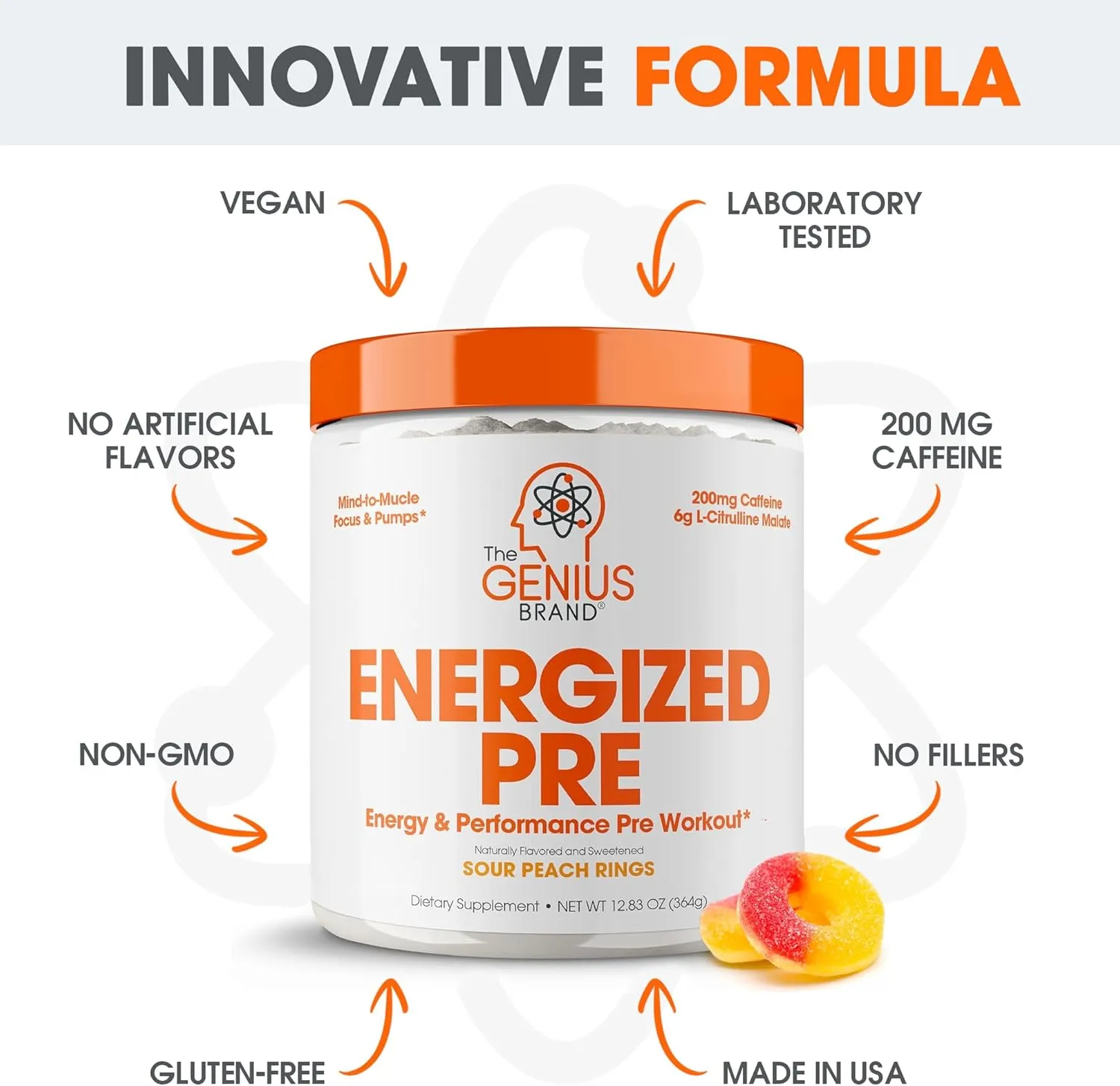 Genius Energized Pre Workout Powder – Caffeine Infused Pre-Workout Booster Supplement with Beta Alanine & Alpha GPC, No Artificial Sweeteners or Dyes - 200mg Caffeine, 20 Servings, Sour Peach Rings