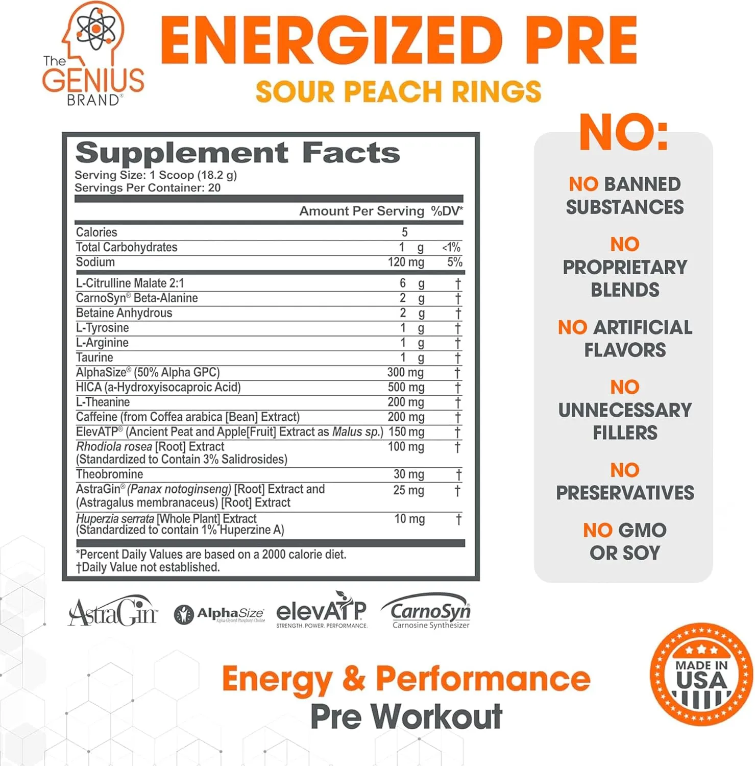 Genius Energized Pre Workout Powder – Caffeine Infused Pre-Workout Booster Supplement with Beta Alanine & Alpha GPC, No Artificial Sweeteners or Dyes - 200mg Caffeine, 20 Servings, Sour Peach Rings