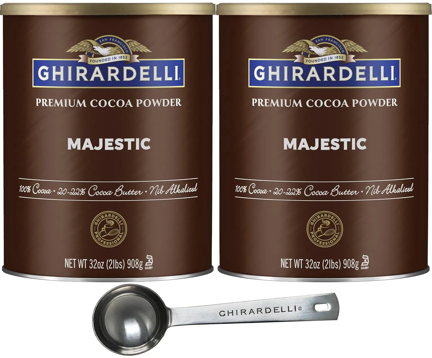 Ghirardelli Majestic Premium Cocoa Powder, 32 Ounce Can (Pack of 2) with Ghirardelli Stamped Barista Spoon