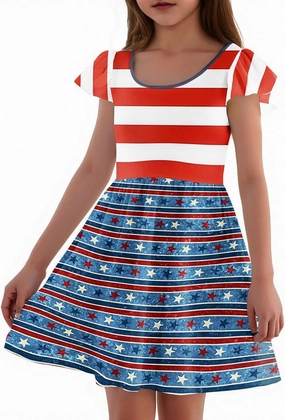 Girls 4th of July Dress Kids American Flag Patriotic Stars Striped Summer A Line Dresses for Kids Independence Day